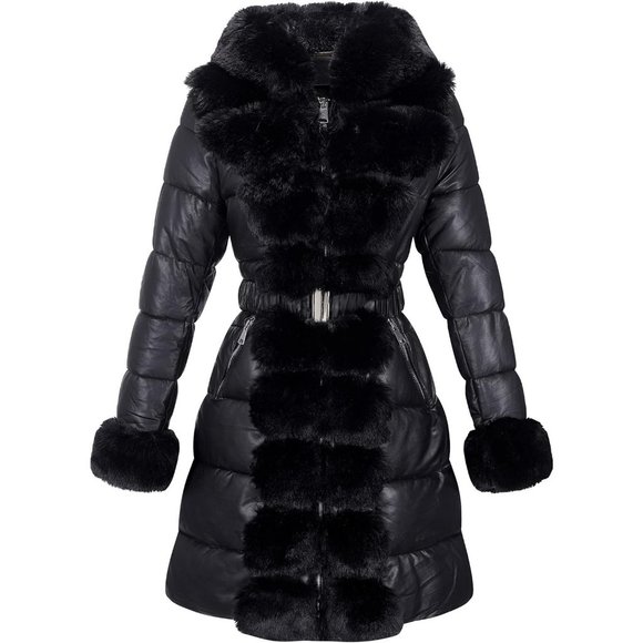 Jackets & Blazers - Women Puffer Coat/Parka with Long Fur Collar Hooded Winter Fashion Belted-Black
